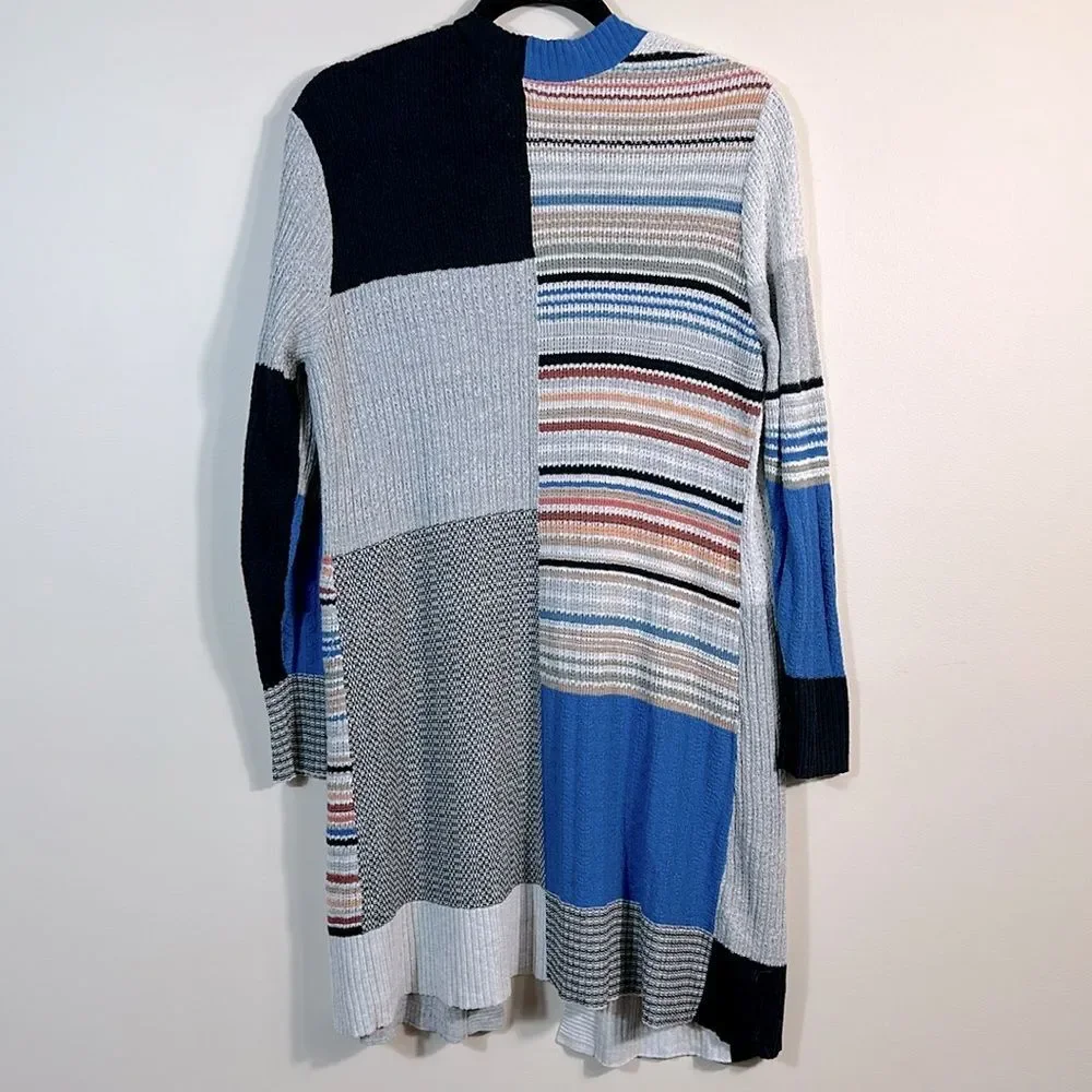 Nic & Zoe Long Line Open Front Patchwork Quilt Longsleeve Cardigan Women Medium